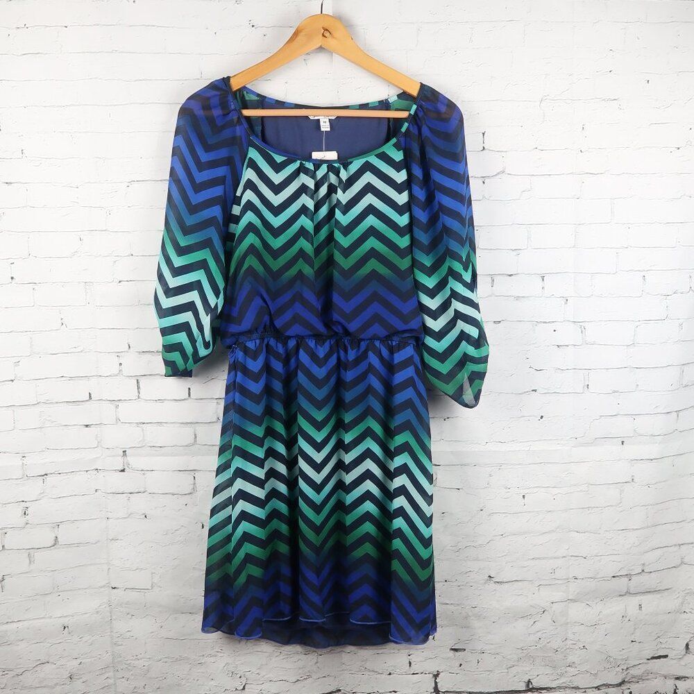 SPEECHLESS NAVY TURQUOISE LONG SLEEVE ROUND NECK CHEVRON STRIPE DRESS SIZE M NWT